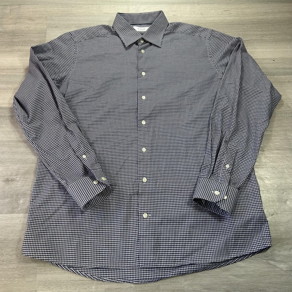Eton Shirt Mens‎ 17.5 44 Blue Gingham Contemporary Fit Lightweight Flannel LS
